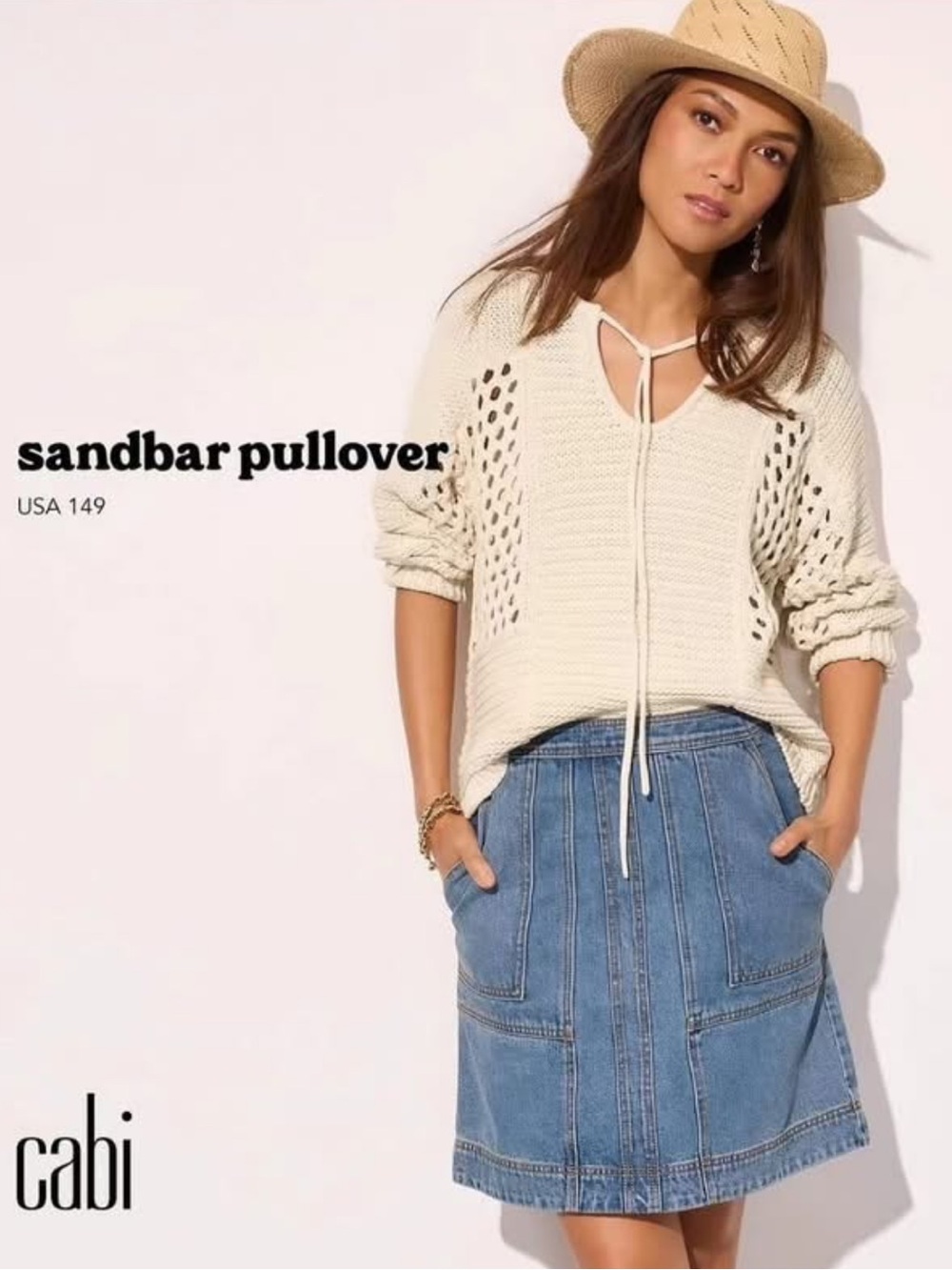 Cabi Sandbar Pullover Sweater Beige Open Knit Crochet Tie-Neck Style #6596